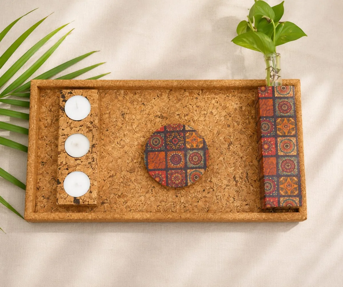 Cork Serving Tray & Décor Set — sustainable cork corporate gift kit, design 1