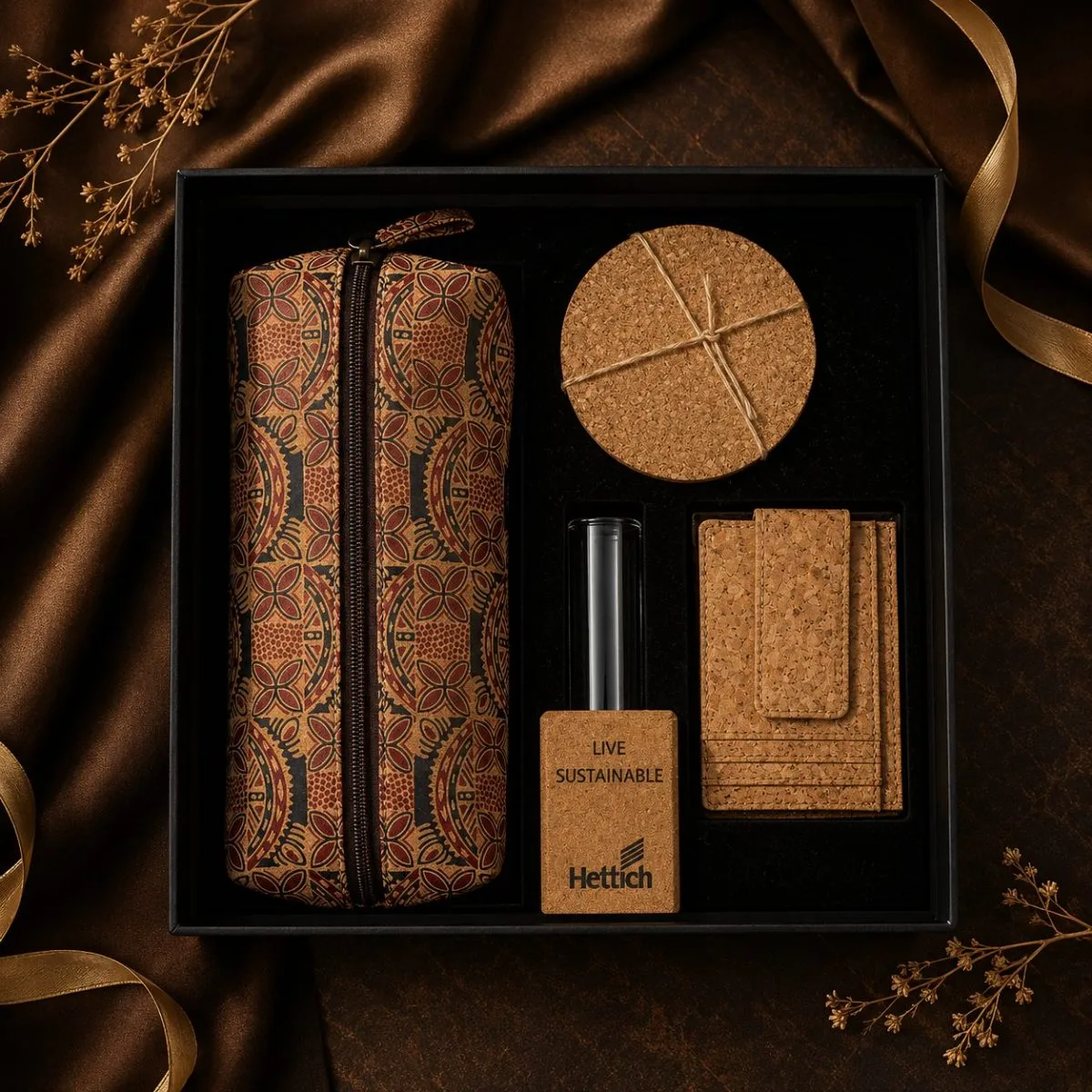 Cork Travel Pouch & Coaster Set — sustainable cork corporate gift kit, design 20