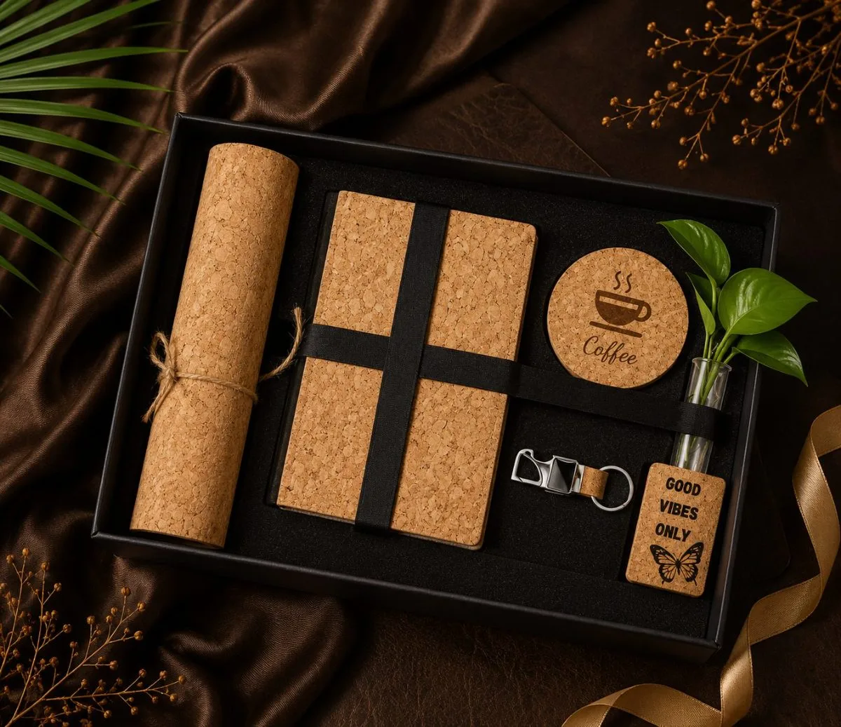 Cork Notebook & Coffee Coaster Set — sustainable cork corporate gift kit, design 23