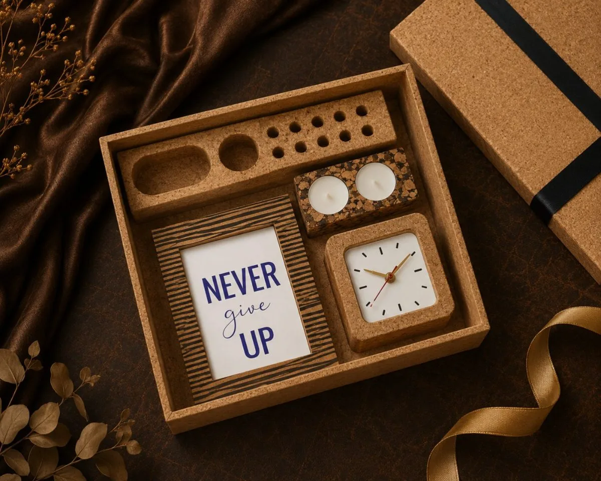 Cork Desk Clock & Frame Set — sustainable cork corporate gift kit, design 25