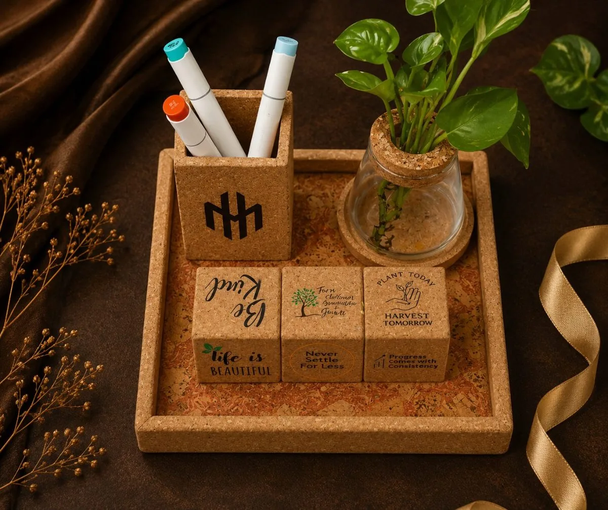 Cork Pen Holder & Message Block Set — sustainable cork corporate gift kit, design 26