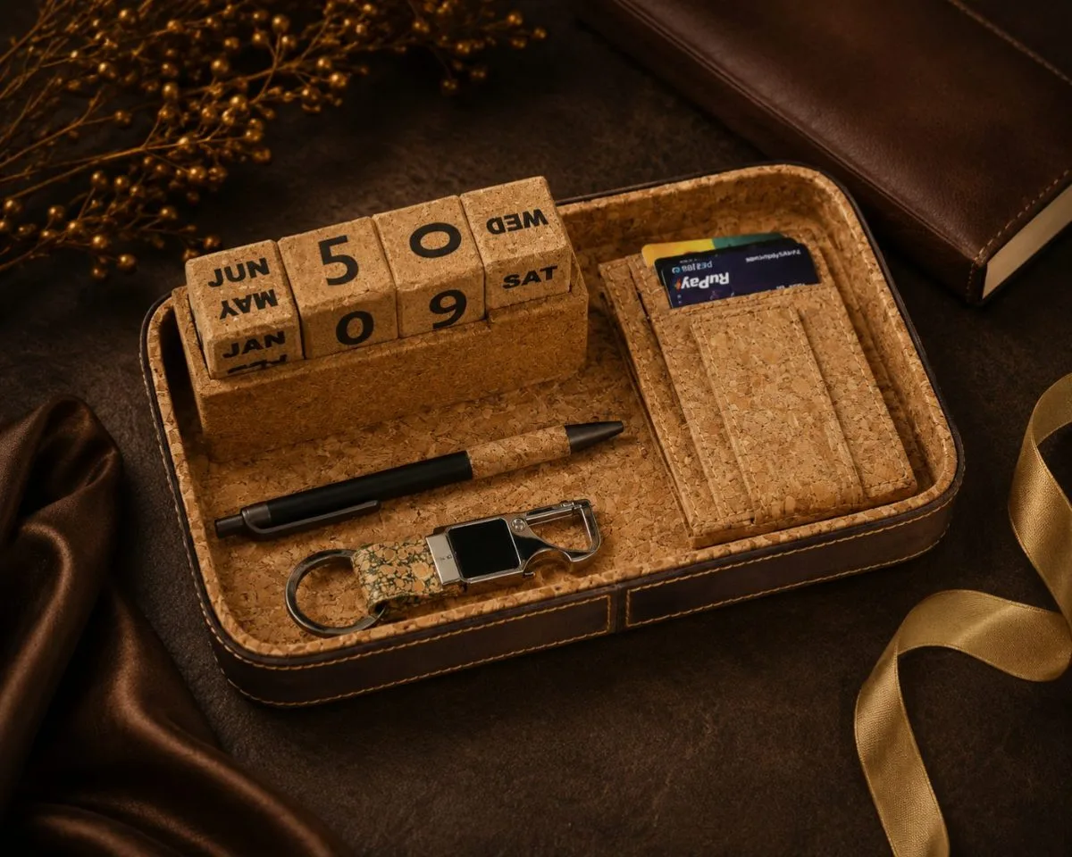 Cork Calendar Desk Tray Set — sustainable cork corporate gift kit, design 27