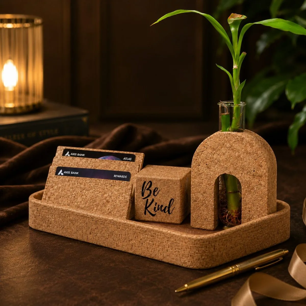 Cork Card Holder & Arch Vase Set — sustainable cork corporate gift kit, design 28