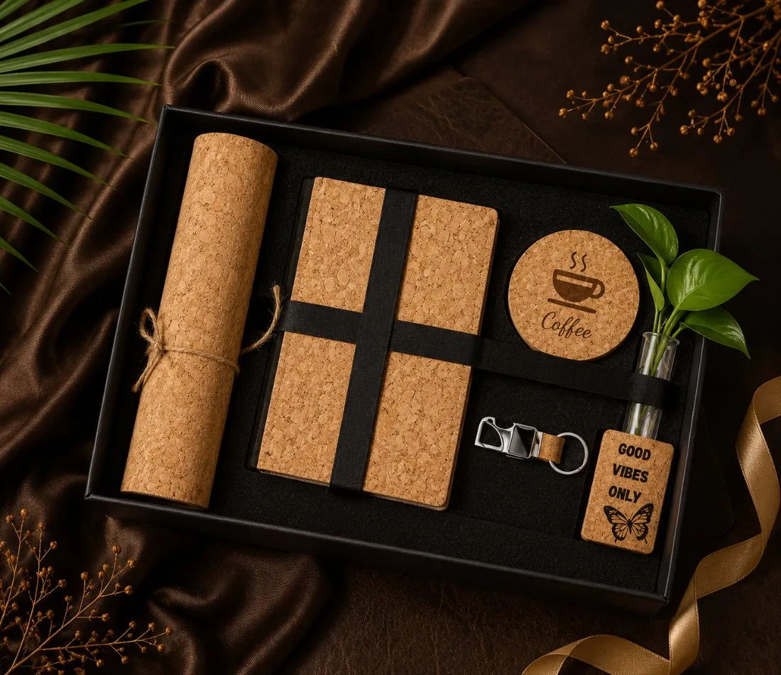 Branded cork corporate gift set with notebook, bottle, coaster and keychain