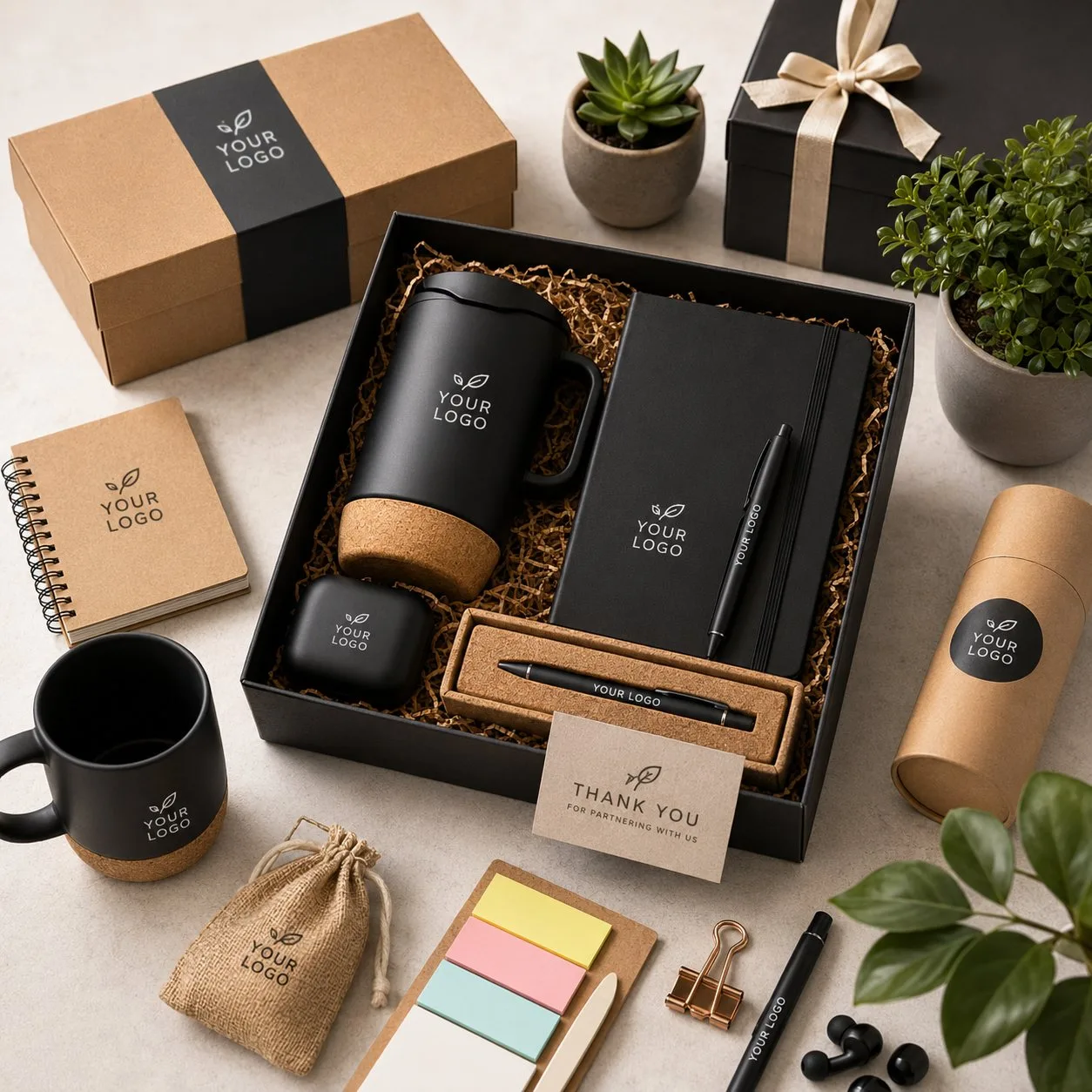 Fully branded corporate gift kit — flask, notebook, pens, mug and eco accessories
