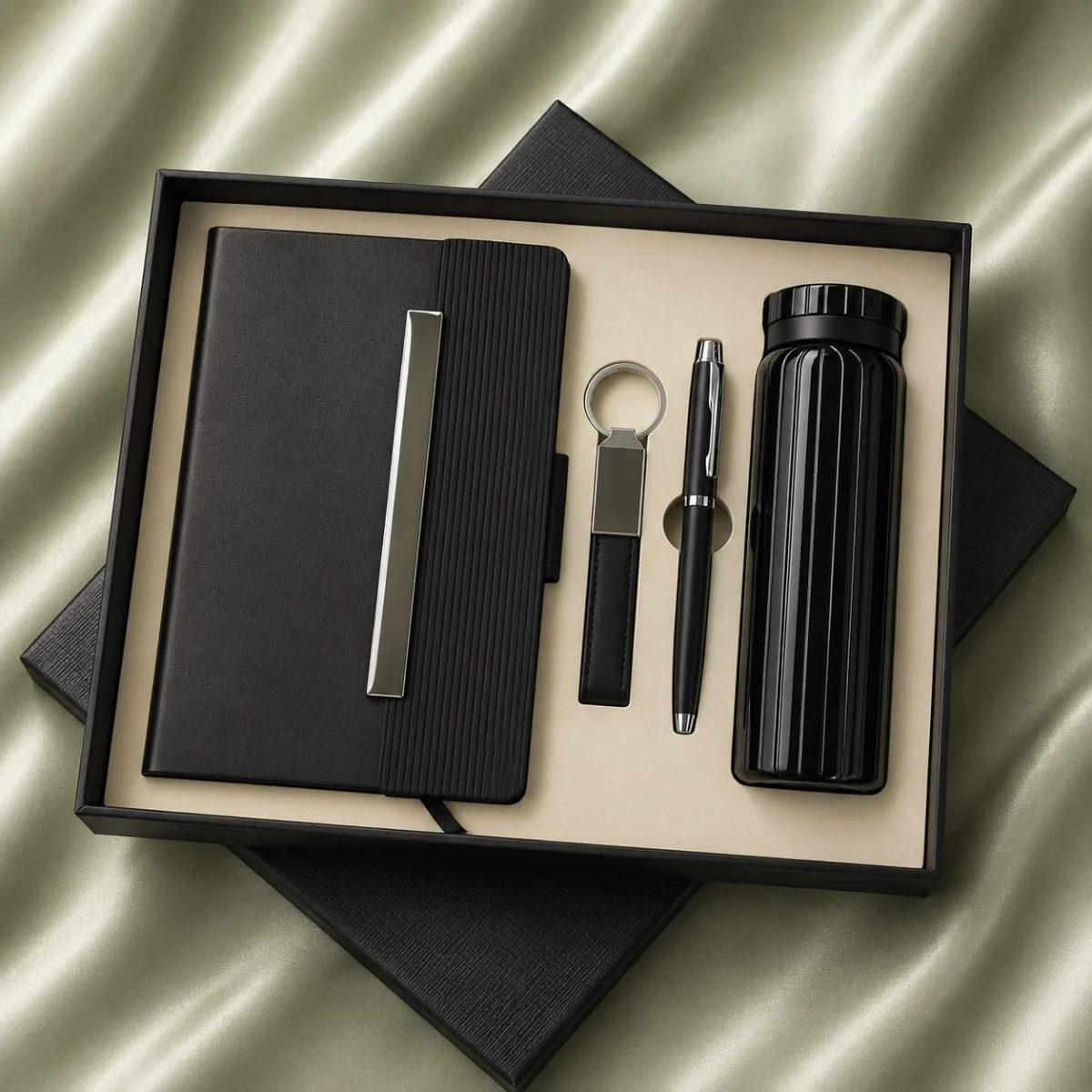 Luxury Kits — black button diary, pen & cream travel tumbler gift set, design 11